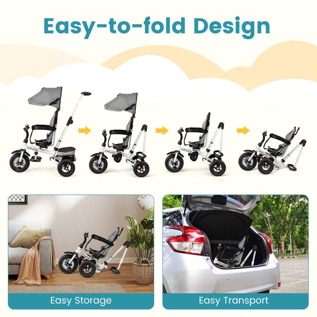 Folding Tricycle Baby Stroller with Reversible Seat and Adjustable Canopy-Gray