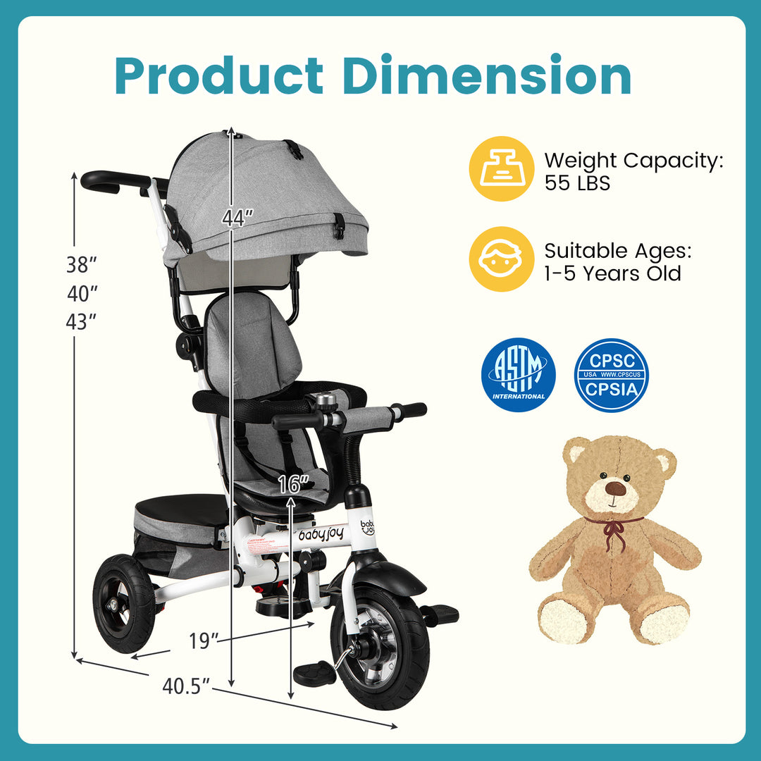 Folding Tricycle Baby Stroller with Reversible Seat and Adjustable Canopy-Gray