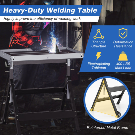 Folding Welding Table Welding Workbench with 2 Fixed Wheels 4-Level Height
