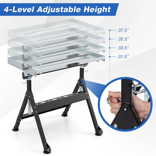 Folding Welding Table Welding Workbench with 2 Fixed Wheels 4-Level Height