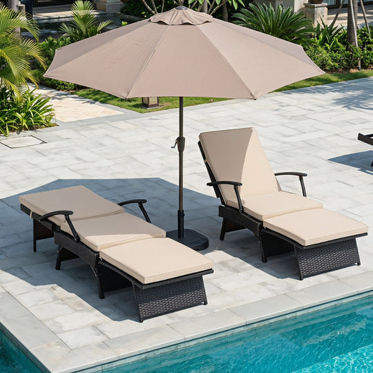 Folding Wicker Chaise Lounge with Adjustable Backrest & Ottoman