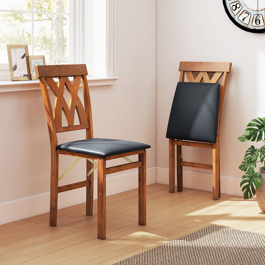 Folding Wooden Dining Chair Set of 2 Faux Leather Upholstered Kitchen Armless Chairs