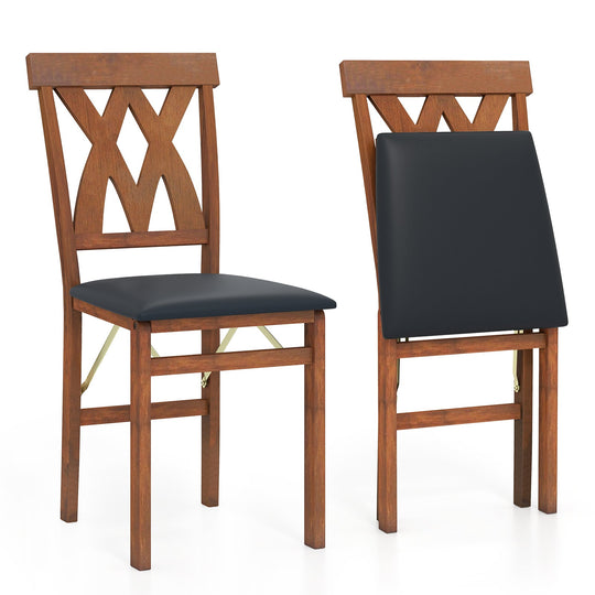 Folding Wooden Dining Chair Set of 2 Faux Leather Upholstered Kitchen Armless Chairs