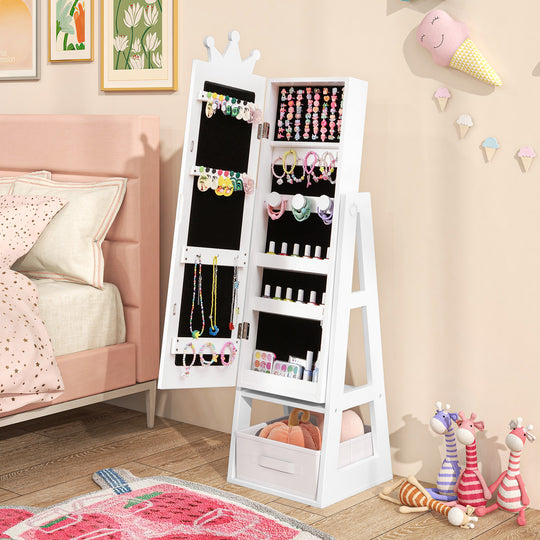 Free-Standing Full Length Kids Jewelry Armoire Cabinet with Storage Capacity-White