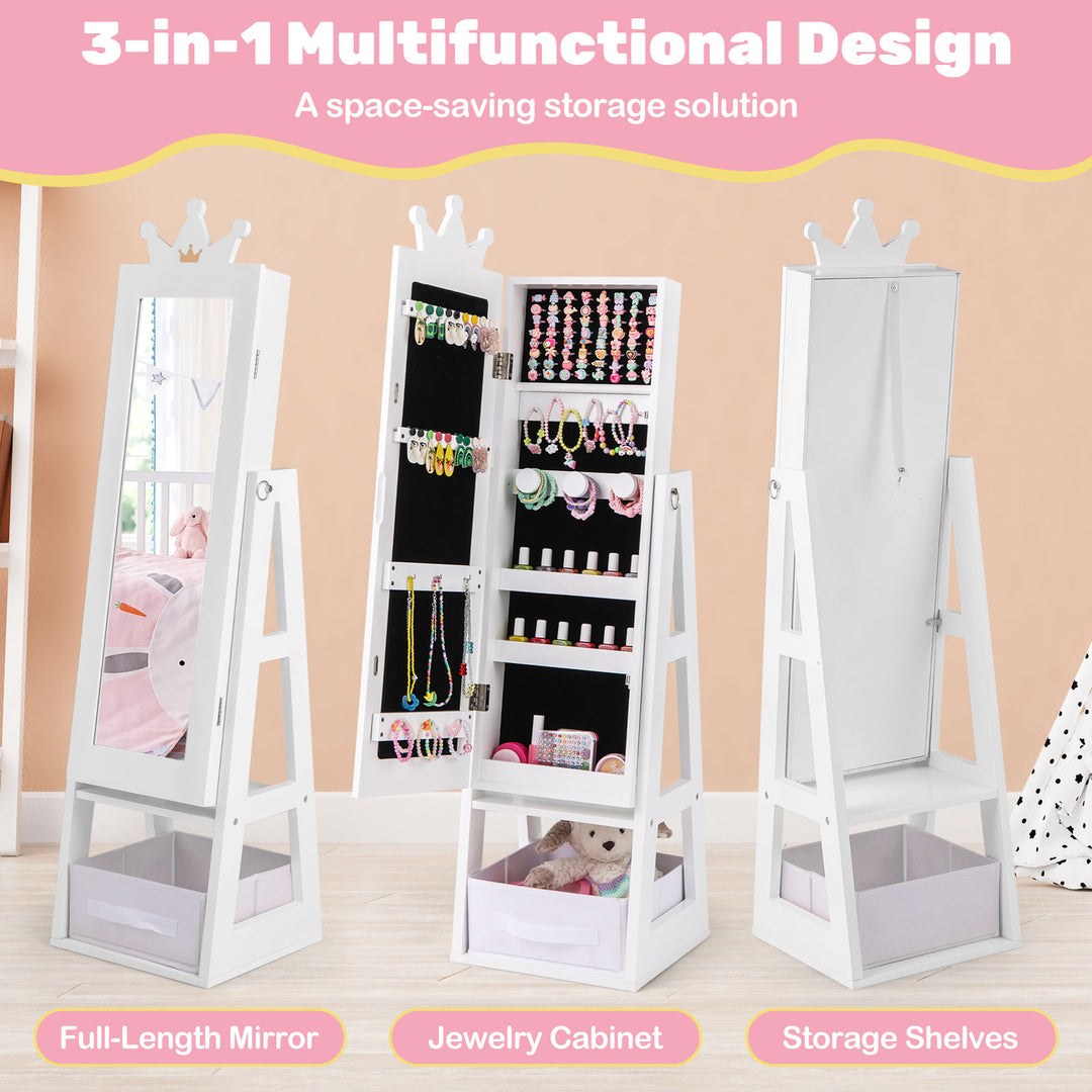 Free-Standing Full Length Kids Jewelry Armoire Cabinet with Storage Capacity-White