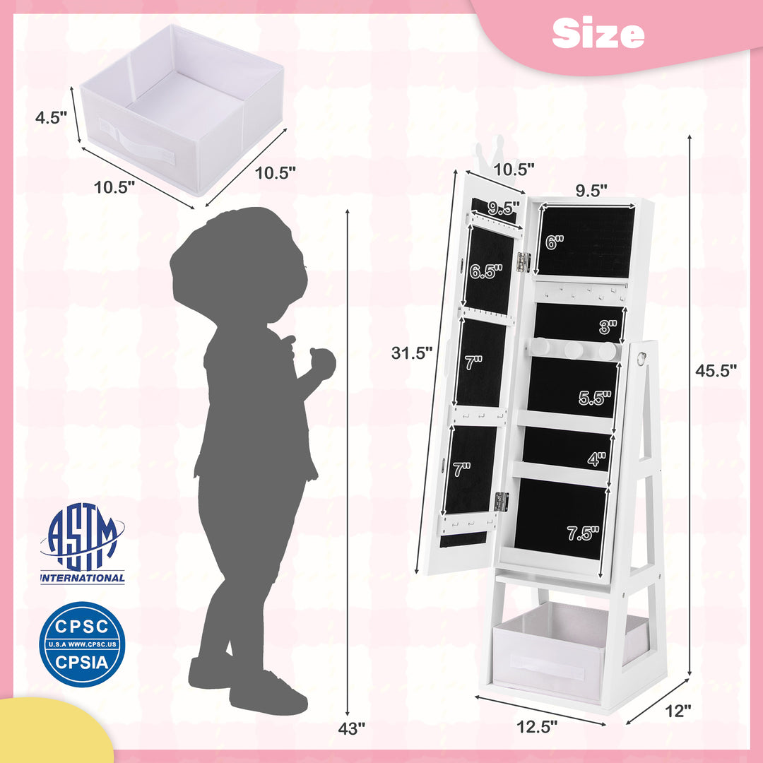 Free-Standing Full Length Kids Jewelry Armoire Cabinet with Storage Capacity-White