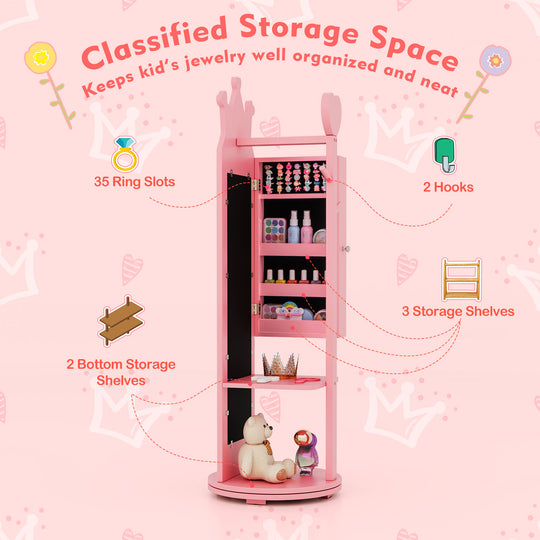 Free-Standing Full Length Mirror Kids Jewelry Armoire Cabinet-Pink