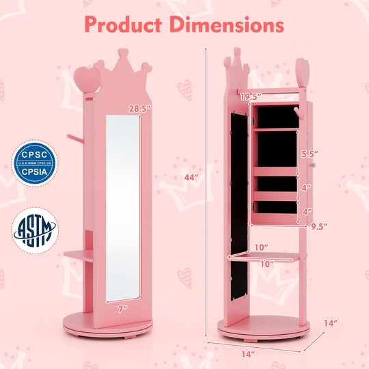 Free-Standing Full Length Mirror Kids Jewelry Armoire Cabinet-Pink