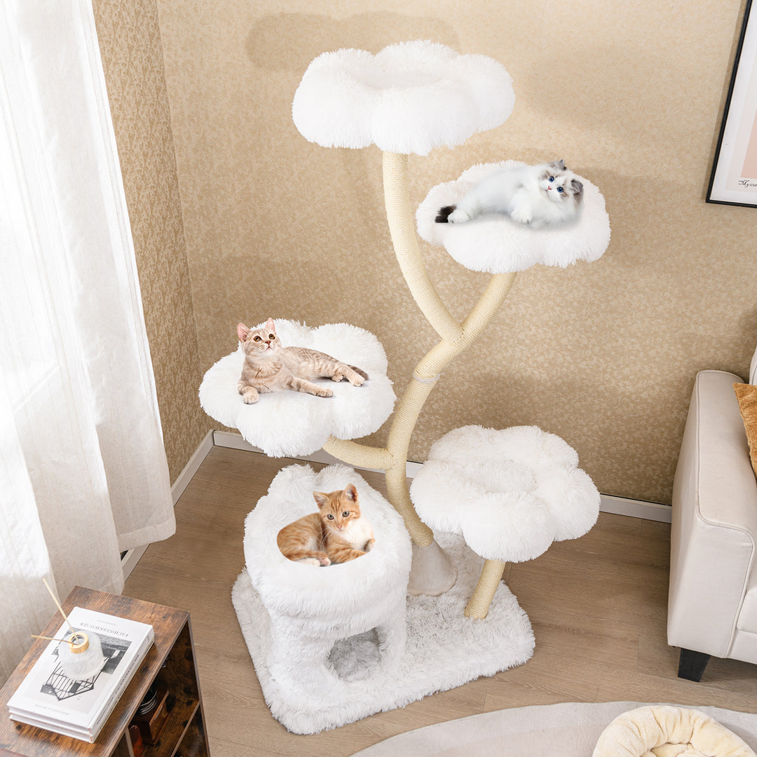 Freestanding Cat Tower with four Flower-shaped Platforms and Sisal Scratching Posts-White