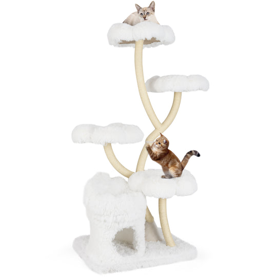 Freestanding Cat Tower with four Flower-shaped Platforms and Sisal Scratching Posts-White