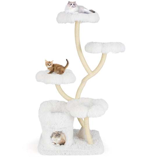 Freestanding Cat Tower with four Flower-shaped Platforms and Sisal Scratching Posts-White