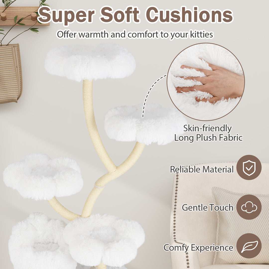 Freestanding Cat Tower with four Flower-shaped Platforms and Sisal Scratching Posts-White