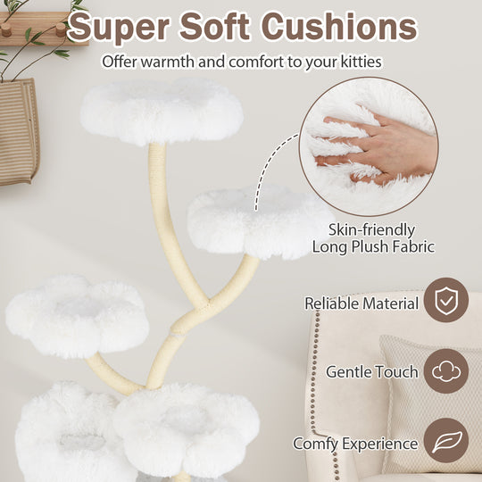 Freestanding Cat Tower with four Flower-shaped Platforms and Sisal Scratching Posts-White