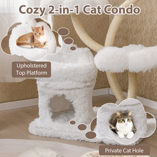 Freestanding Cat Tower with four Flower-shaped Platforms and Sisal Scratching Posts-White