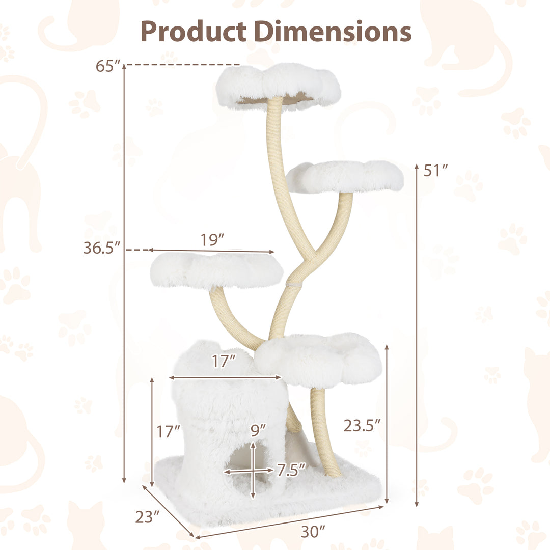 Freestanding Cat Tower with four Flower-shaped Platforms and Sisal Scratching Posts-White