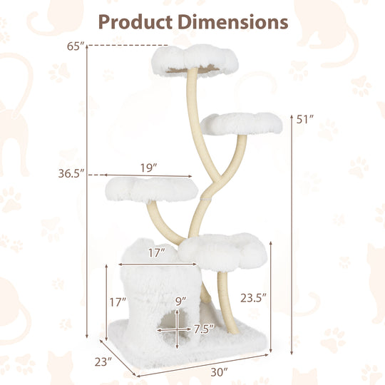 Freestanding Cat Tower with four Flower-shaped Platforms and Sisal Scratching Posts-White
