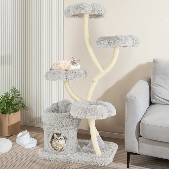 Freestanding Cat Tower with four Flower-shaped Platforms and Sisal Scratching Posts-Gray