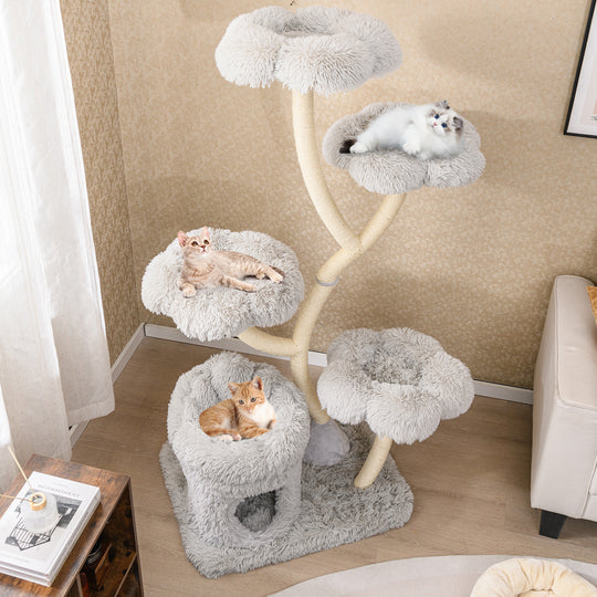 Freestanding Cat Tower with four Flower-shaped Platforms and Sisal Scratching Posts-Gray