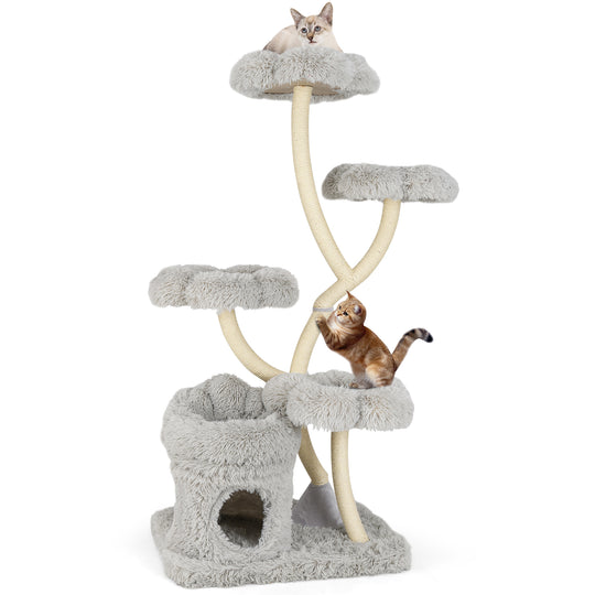 Freestanding Cat Tower with four Flower-shaped Platforms and Sisal Scratching Posts-Gray
