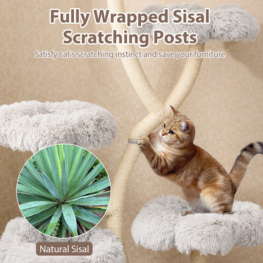 Freestanding Cat Tower with four Flower-shaped Platforms and Sisal Scratching Posts-Gray