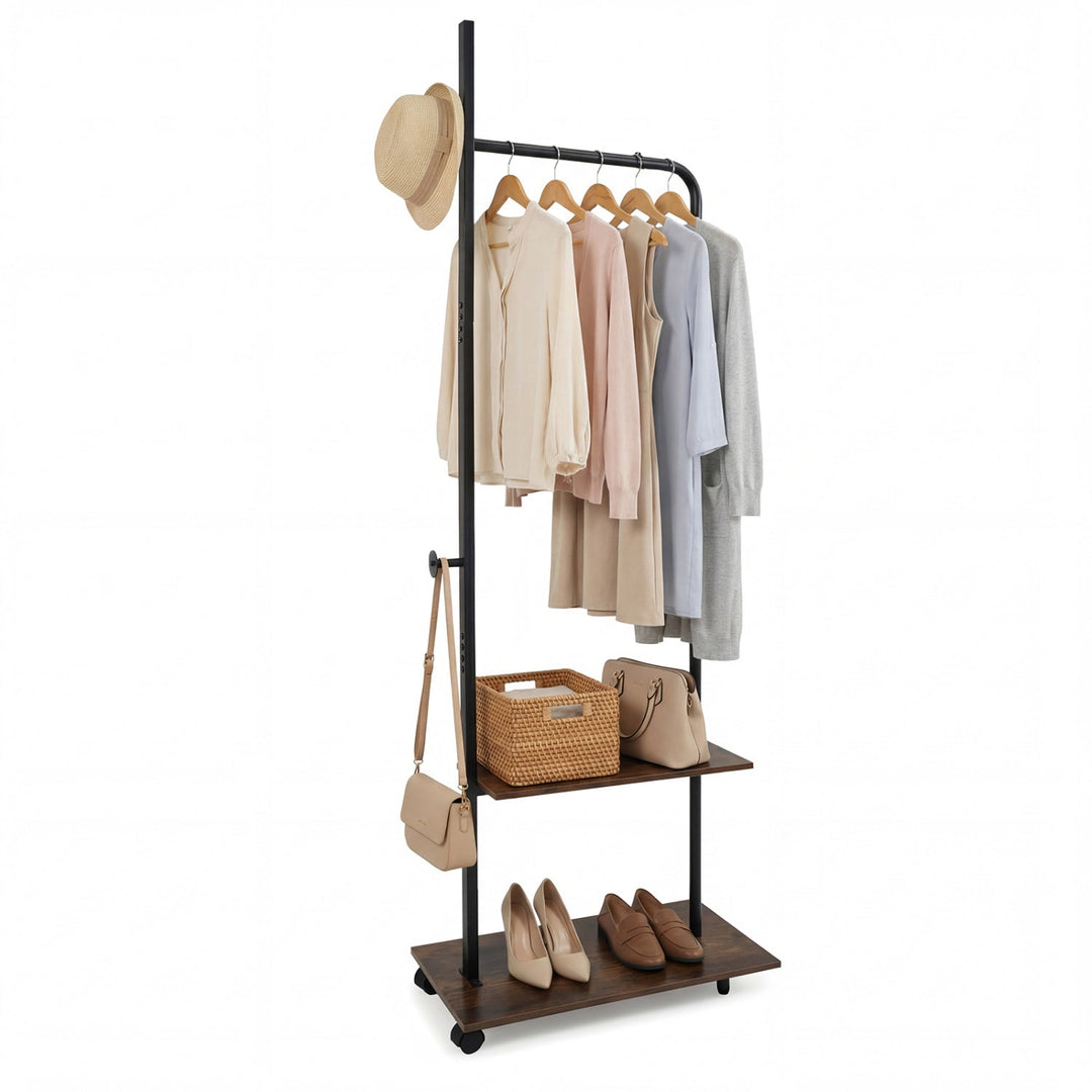 Freestanding Clothing Rack with Wheels and Storage Shelves for Entryway and Bedroom
