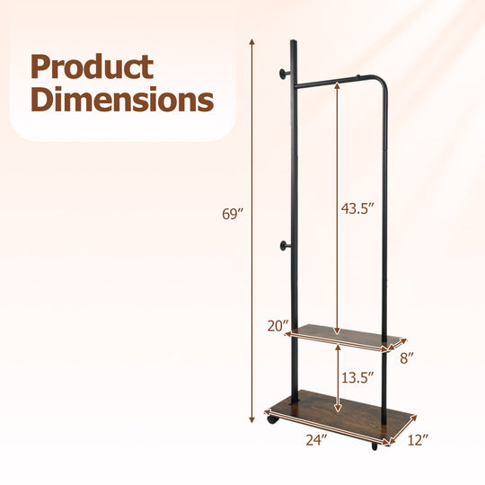 Freestanding Clothing Rack with Wheels and Storage Shelves for Entryway and Bedroom