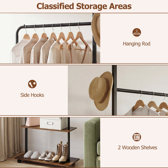 Freestanding Clothing Rack with Wheels and Storage Shelves for Entryway and Bedroom