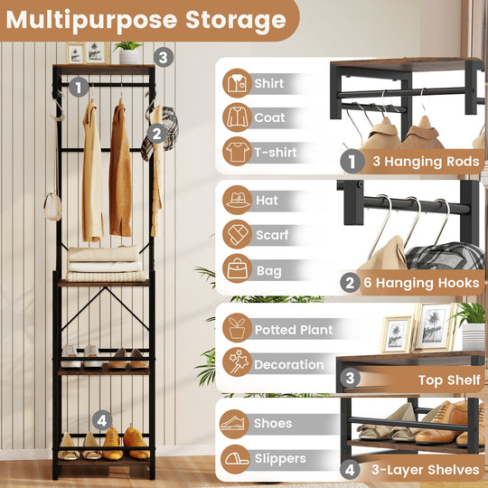 Freestanding Coat Rack with 4 Storage Shelves and 6 Hooks-Rustic Brown