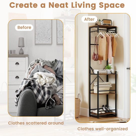 Freestanding Coat Rack with 4 Storage Shelves and 6 Hooks-Rustic Brown