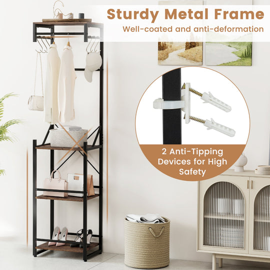 Freestanding Coat Rack with 4 Storage Shelves and 6 Hooks-Rustic Brown