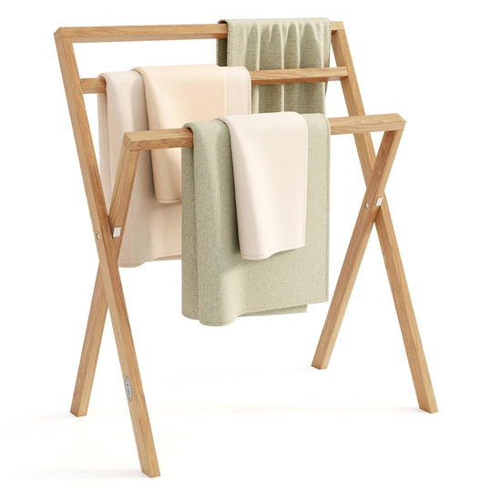 Freestanding Foldable Teak Wood Towel Rack with 3 Hanging Crossbars