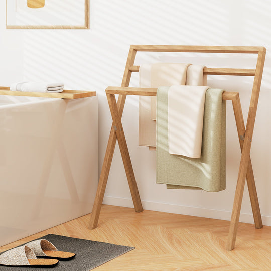 Freestanding Foldable Teak Wood Towel Rack with 3 Hanging Crossbars