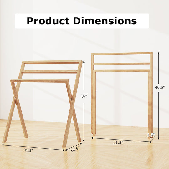 Freestanding Foldable Teak Wood Towel Rack with 3 Hanging Crossbars