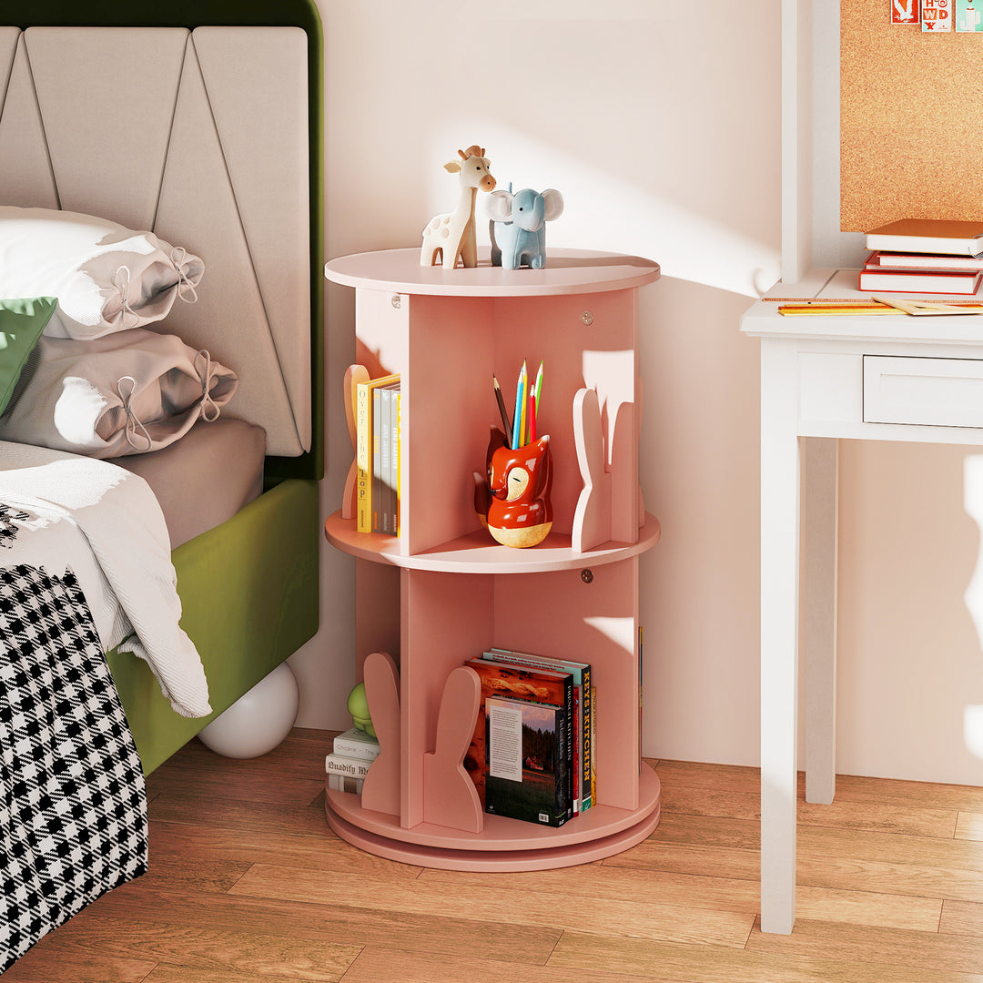 2 Tier Freestanding Kids Rotating Bookshelf Storage Rack with Bunny Baffles-Pink