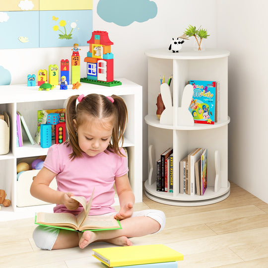2 Tier Freestanding Kids Rotating Bookshelf Storage Rack with Bunny Baffles-White