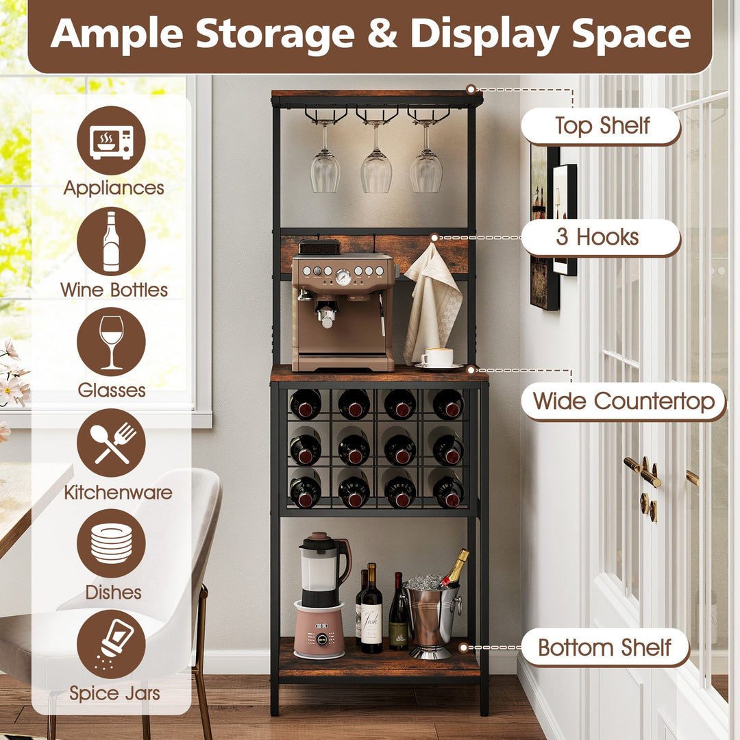 Freestanding Wine Rack Floor Wine Bar Cabinet with Glass Racks-Rustic Brown