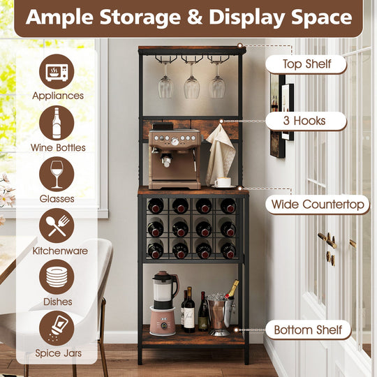 Freestanding Wine Rack Floor Wine Bar Cabinet with Glass Racks-Rustic Brown