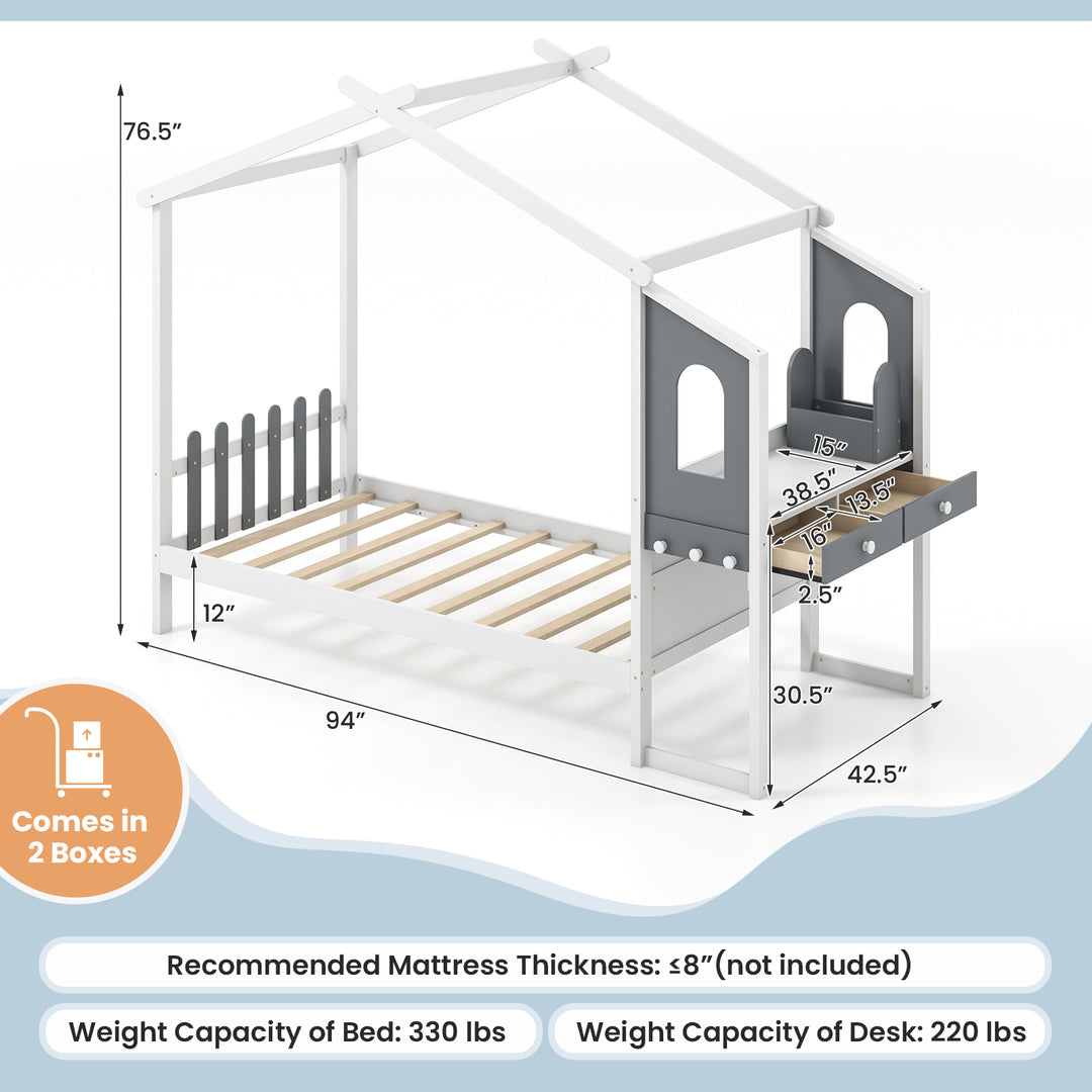 Twin/Full Bed Frame with House Roof Canopy and Fence for Kids-Full Size