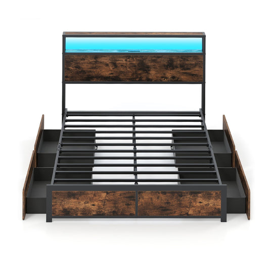 Full/Queen Size LED Bed Frame with Charging Station and 4 Storage Drawers