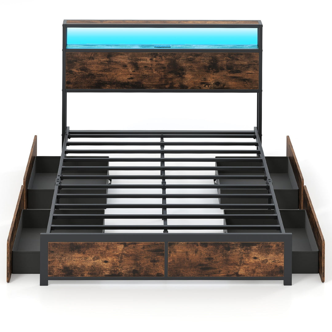 Full/Queen Size LED Bed Frame with Charging Station and 4 Storage Drawers