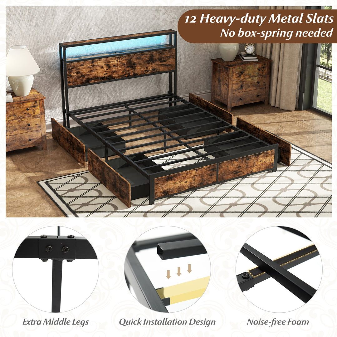 Full/Queen Size LED Bed Frame with Charging Station and 4 Storage Drawers