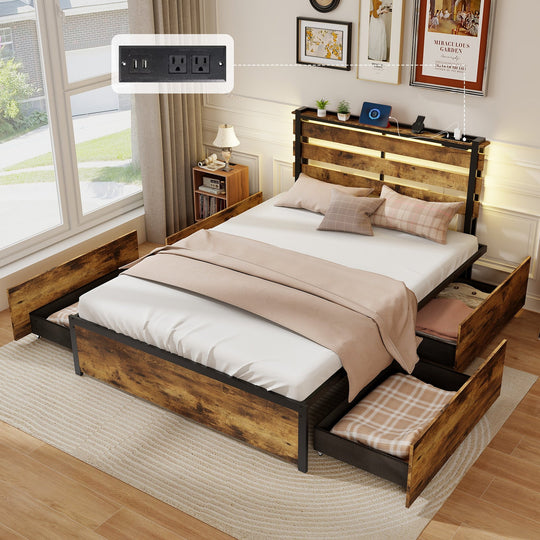 Full/Queen/Twin Size Bed Frame with Drawers LED Lights and USB Ports