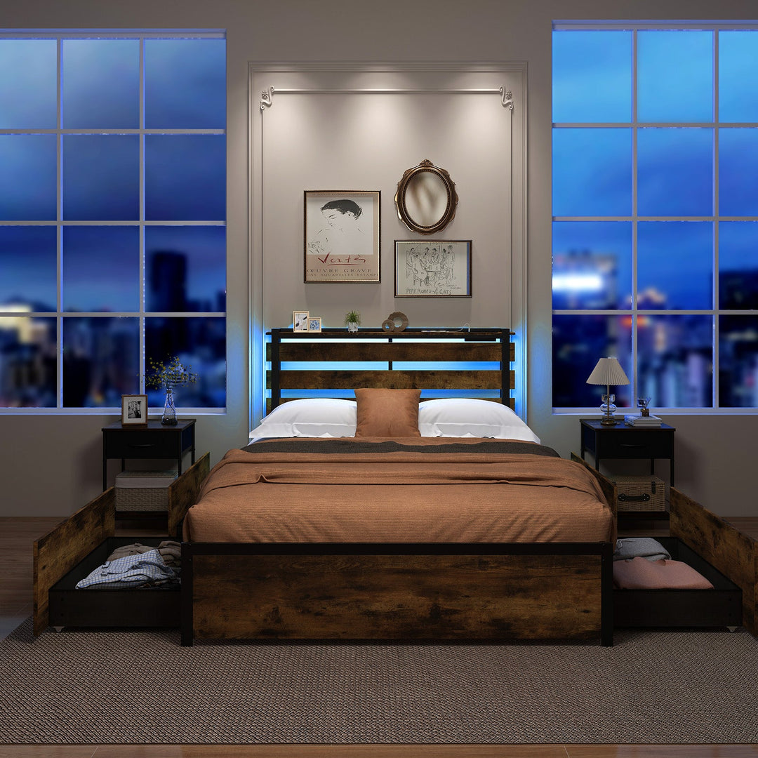Full/Queen/Twin Size Bed Frame with Drawers LED Lights and USB Ports