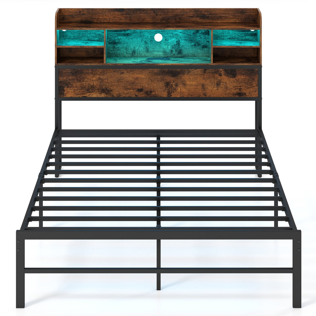 Full Size Bed Frame with Headboard LED Lights and Charging Station