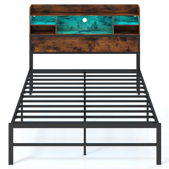 Full Size Bed Frame with Headboard LED Lights and Charging Station