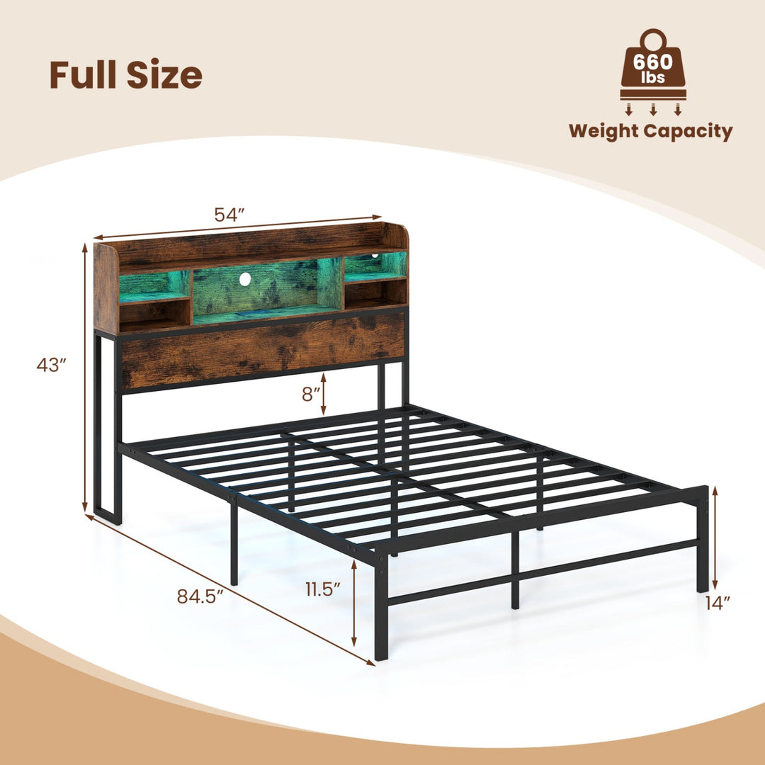 Full Size Bed Frame with Headboard LED Lights and Charging Station