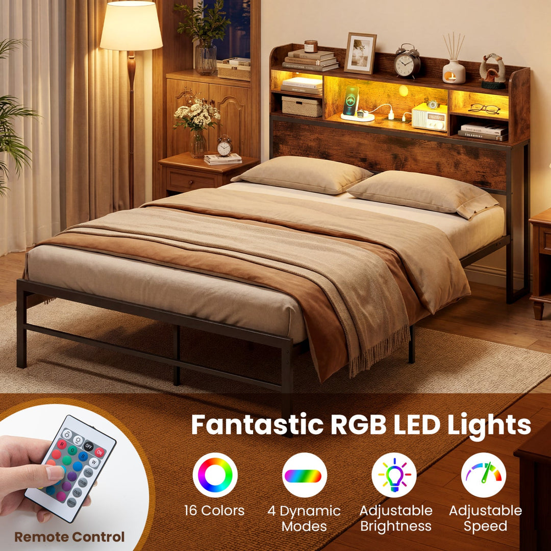 Full Size Bed Frame with Headboard LED Lights and Charging Station