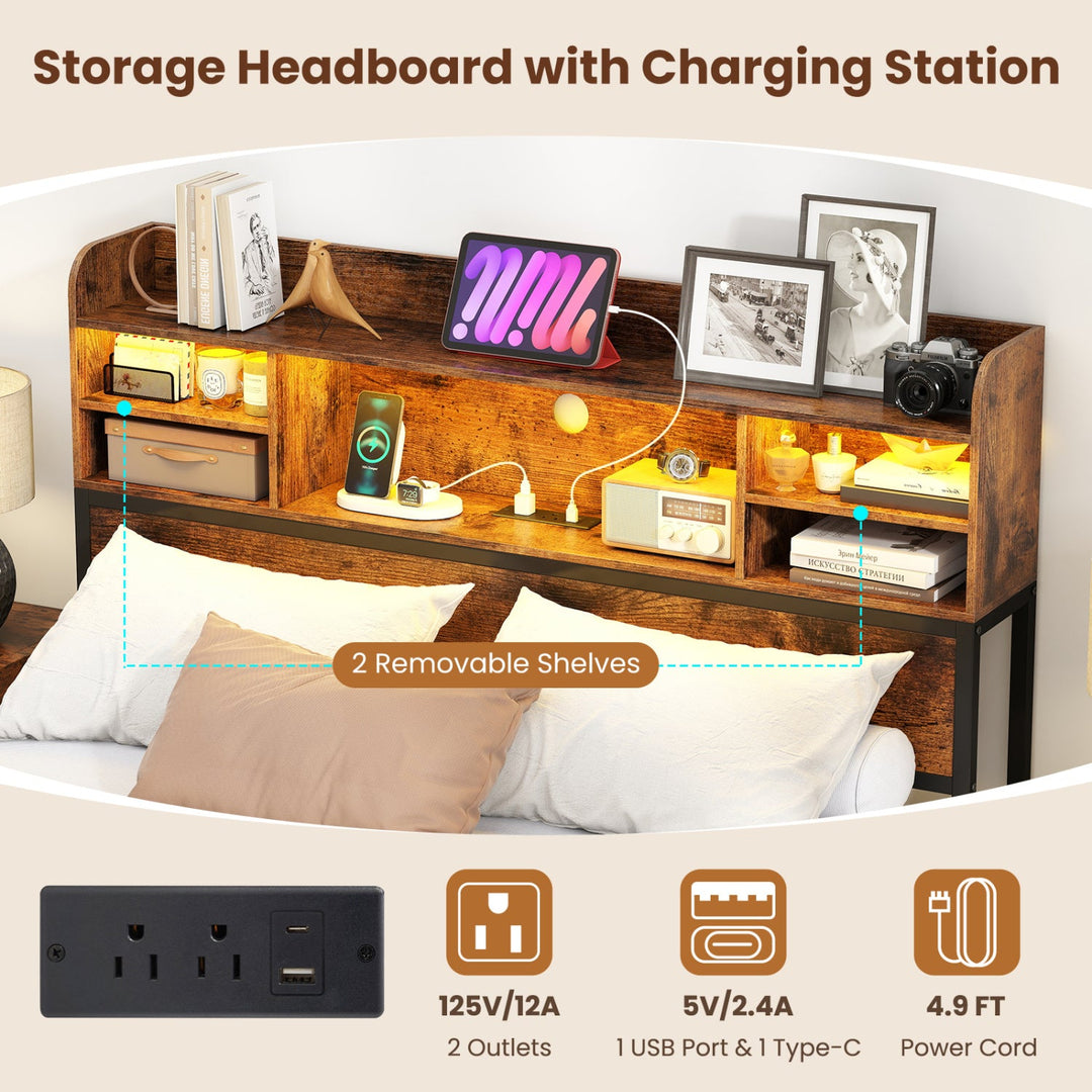 Full Size Bed Frame with Headboard LED Lights and Charging Station