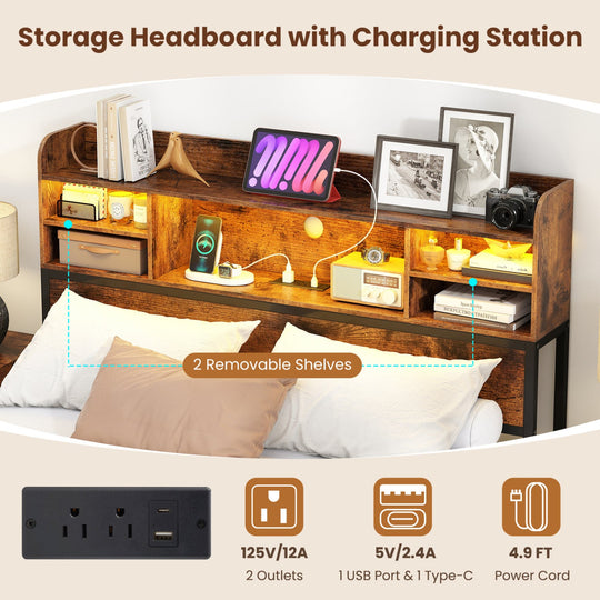 Full Size Bed Frame with Headboard LED Lights and Charging Station