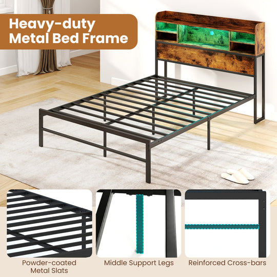 Full Size Bed Frame with Headboard LED Lights and Charging Station
